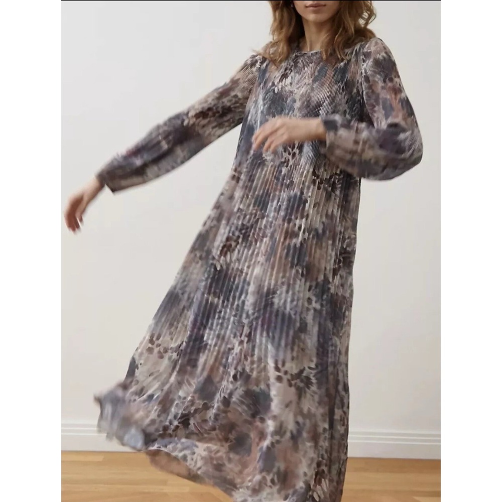 Aritizia Wilfred Daydreamer Dress Pleated Tannin/Foxfire Long Sleeve Brown Sz 1X
